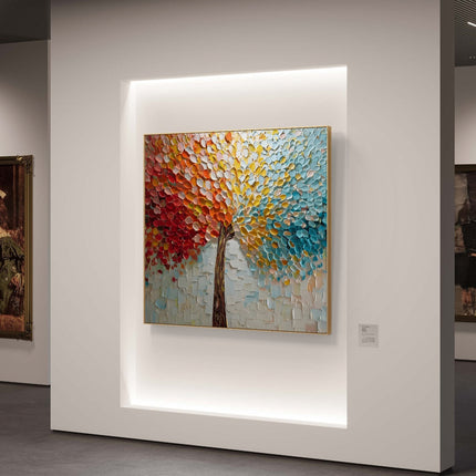 Colorful abstract painting on a wall with modern interior design elements.
