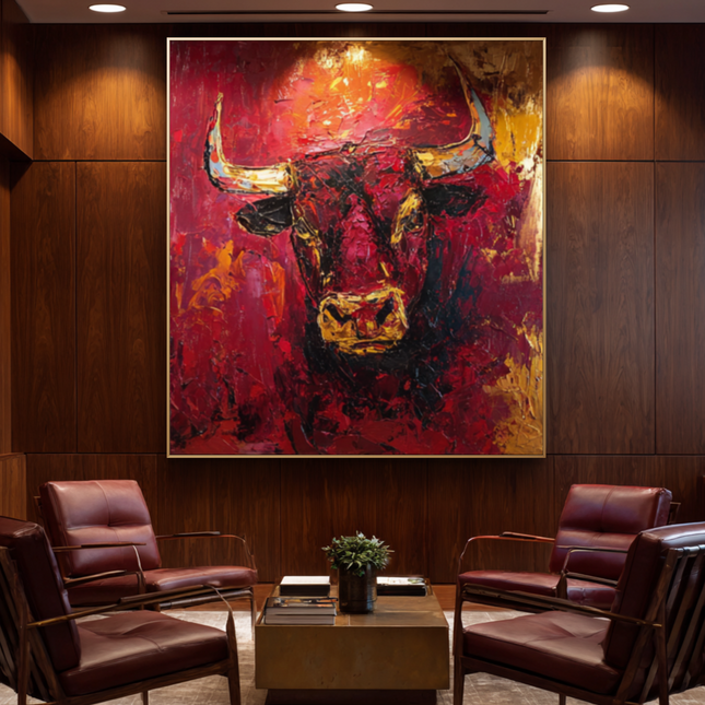 Modern interior with a large abstract bull painting on a wooden wall.
