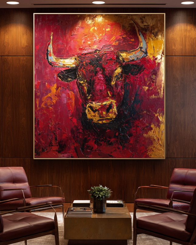 Modern interior with a large abstract bull painting on a wooden wall.