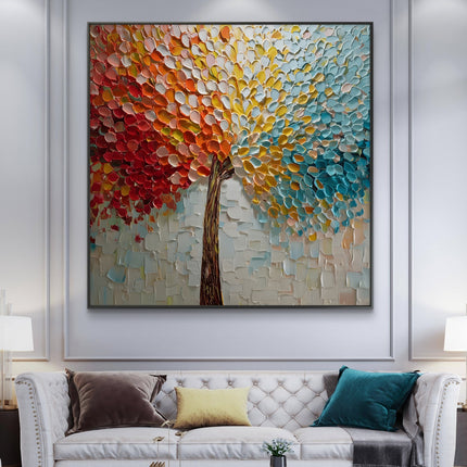 Colorful abstract tree painting on a wall above a sofa with decorative pillows.
