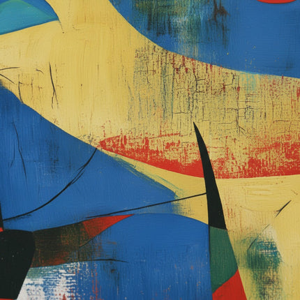 Abstract artwork with blue, yellow, and red colors on a textured surface