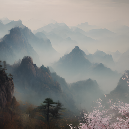 Misty mountain landscape with cherry blossoms in the foreground