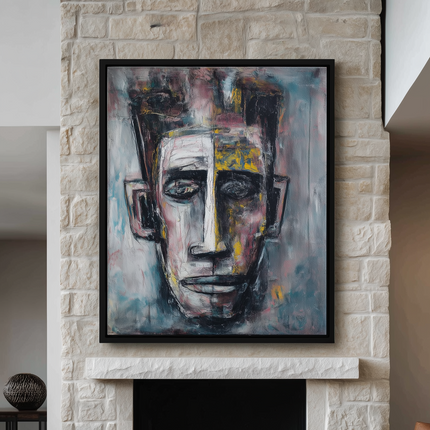 Abstract painting of a face on a stone fireplace wall